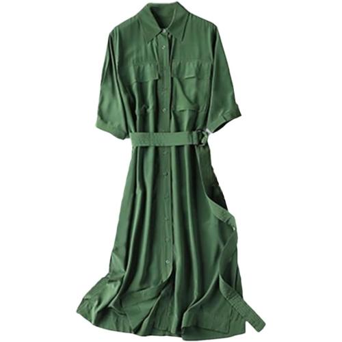 Size M ....100% Silk Dress Women's Solid Color Lapel Short Sleeve Single Breasted Fashion Dress