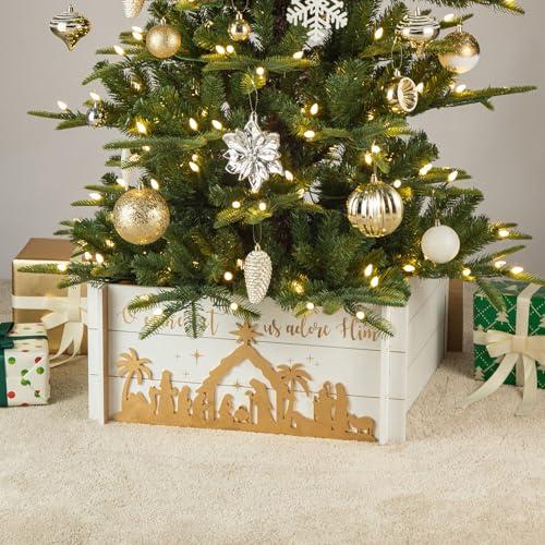 Glitzhome Wood Christmas Tree Collar, 24 L Nativity Scene Christmas Tree Collar Box Tree Base Cover Decorative Christmas Tree Skirt Xmas Tree Box for Christmas Decoration ( scratch’s. See the pictures )