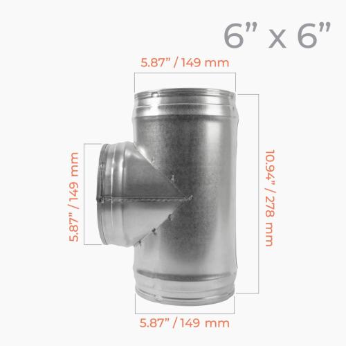 6 Inch to 90° Degree 6'' Inch Duct Connector - Metal Ducting Splitter for Round Ducts - Galvanized Steel 3 Way T-Joint, Adapter Flange - Home, Industrial HVAC Exhaust Ventilation Fitting