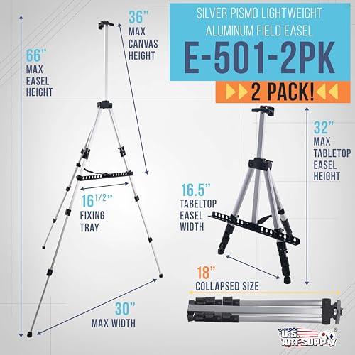 U.S. Art Supply 66 Silver Metal Tripod Easel Display, 2-Pack | Adjustable from 18to 5.5', Holds 36 Canvas - Floor/Tabletop Easel Stand, For Sign Display, Painting, Poster Board, Canvas