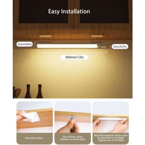 Under Cabinet Lighting 12 Inches Rechargeable Motion Sensor Light Indoor, 3 Color Dimmable Closet Light Battery Operated, USB Stick on LED Magnetic Under Counter Lights for Kitchen Stair, 3Packs