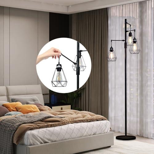 69 Industrial Tree Floor Lamp with Stepless Dimming - Adjustable Cage Shades & weighted Base, Vintage Dimmable Standing Light for Living Room/Office, 3x Edison Bulbs Included (Farmhouse Rustic)