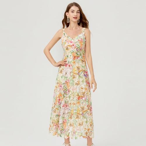 Size M Womens French Vintage Stereoscopic Floral Lace Dress V Neck Sleeveless Hollow Out Embroidery Midi Dresses