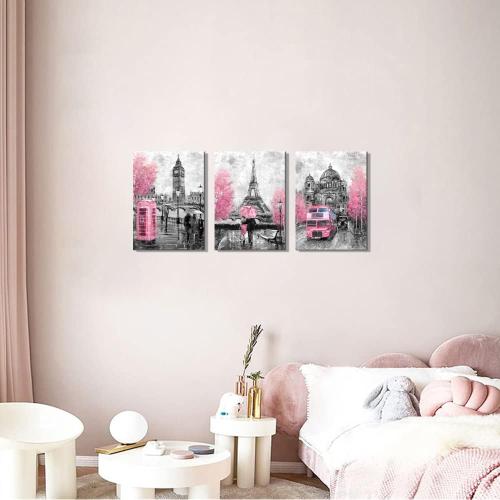 CANVASZON Pink and Gray Paris Wall Art Paris Decor for Bedroom Bathroom Girls Room Wall Decor Paris Pictures Rustic Black and White Print Art for Walls 3 Pieces Ready to Hang