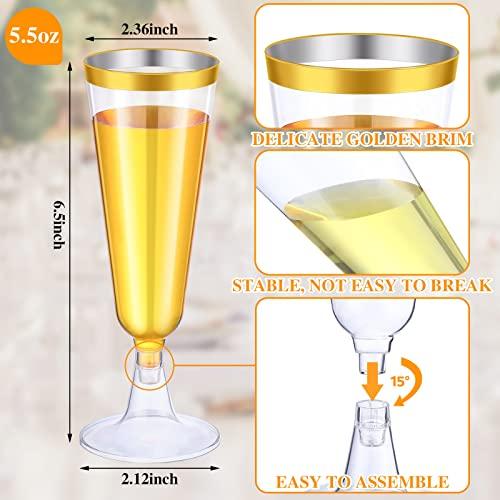 Thenshop 50 Pcs Plastic Champagne Flutes Disposable Champagne Glasses Bulk 5.5 oz Clear Mimosa Cocktail Cups with Rim Detachable Glasses for Wedding Party Birthday Anniversary(Gold, Clear)