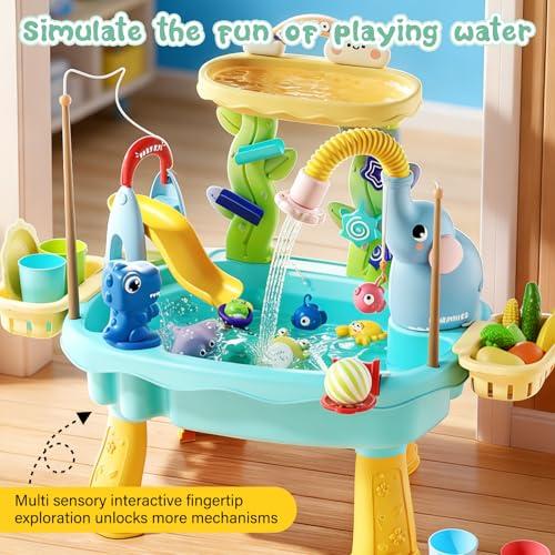 2027 Upgraded 4-in-1 Sand Water Table for Toddlers 1-3, Kids Sensory Table with Electric Water Pump & Elephant Faucet, Play Kitchen Sink with Food Accessories, Fishing Toy (Blue) | 4-in-1 sand and water table with electric pump, play kitchen sink and fishing accessories for indoor or outdoor sensory play.