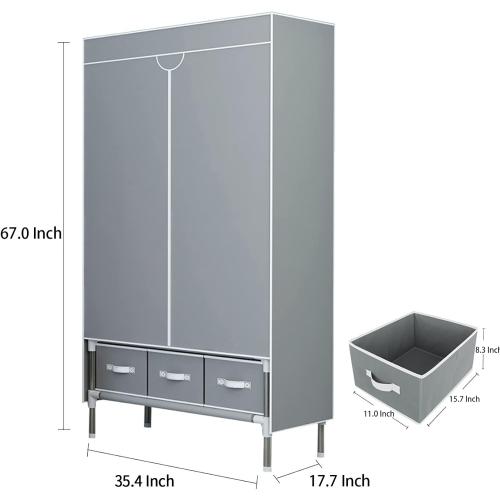 Portable Clothes Closet Rolling Door Wardrobe with Hanging Rack Non-Woven Fabric Storage Organizer with Three Drawer Boxes No-Tool Assembly - 35.4 x 17.7 x 67.0 ‘’ (Gray)