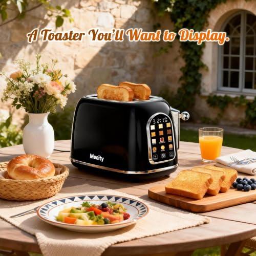 Mecity Toaster 2 Slice, Touch Screen Wide Slot Retro Toaster For Breads Bagel Muffin Waffle, House Warming Gift New Home, 120V 825W, Jet Black