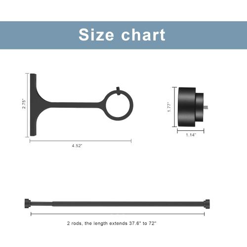 2 Pack Heavy Duty 1 Inch Diameter Single Curtain Rods 36-72” Adjustable Window Curtain Rod with Aluminum Alloy Cylindrical Cap Finials, Wall Mount and Ceiling Mount, Matte Black