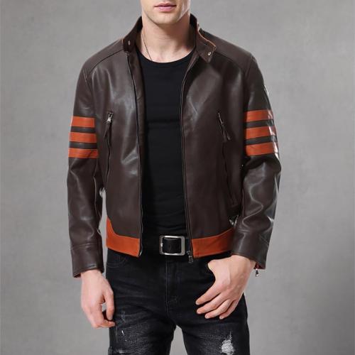 Size XXL Men's Faux Leather Jacket Brown Moto Motorcycle Bomber Punk Fashion Slim Fit Coat