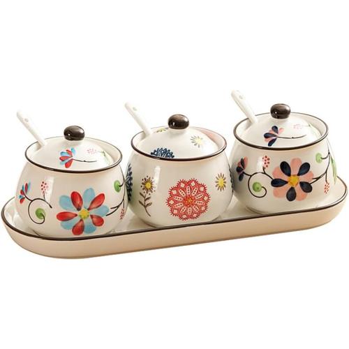 Set of 2 and Ceramic Condiment Jars with Lid Spoon and Tray, Modern Elegant Spice Container Sugar Bowl Seasoning Jars for Home and Kitchen Counter (Red)