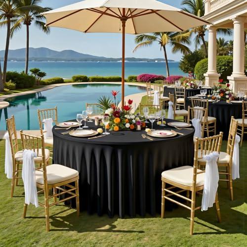 2Pack Black Round Spandex Tablecloths for 72inch/6FT Tables - Stretchy Fitted 6FT Round Table Cloths Wrinkle Free 132inch Table Cloth with Skirt for Wedding Birthday Graduation Party Banquet