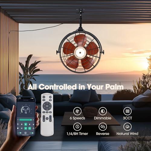 23 Waterproof Outdoor Ceiling Fan with Light, Outdoor Hanging Fan for Patio, 6-Speed & 3 CCT LED, Caged Ceiling Fan with Smart APP & Remote Control, Perfect for Gazebo, Pergola, Canopy