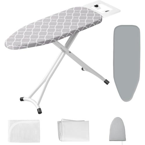 Ironing Board,Foldable Ironing Board Adjustable Height Compact Iron Board Thick Steel Tube Iron Board with Holder,Replacing Cloth Cover and Mini Handheld Gloves (Grey Texture)