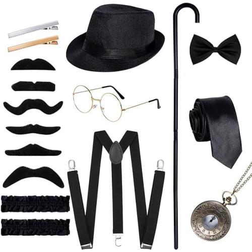 Ishua 1920s Men Costume Accessories, 17 pcs Old Men Gangster Costume Set, Roaring Retro Mens Gatsby Accessories 1920s