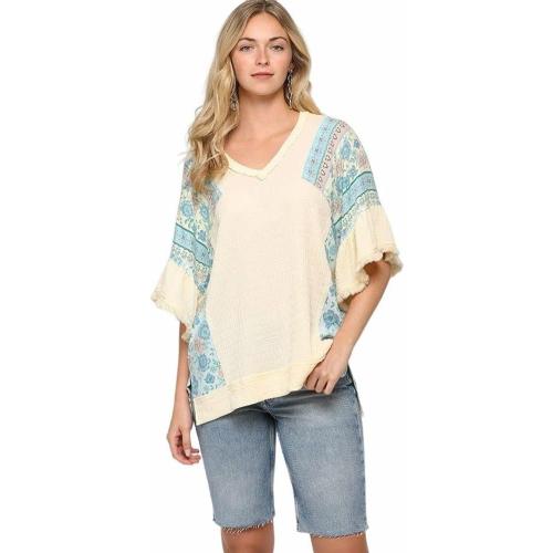 Size Large Womens V Neck Bell Sleeve Asymmetrical High Low Tops Casual Chiffon V Neck 3/4 Sleeve Blouse Flowy Tops