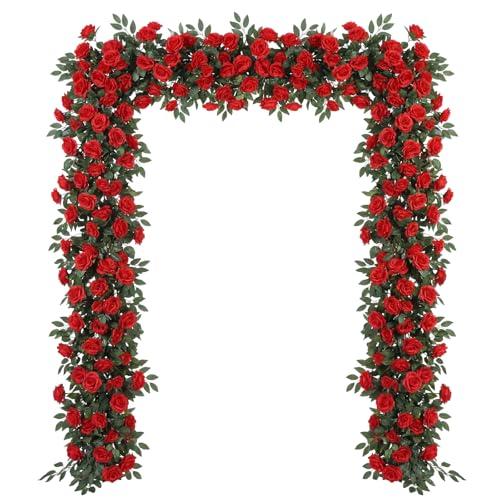 Suncalla 8 Pack 6.56ft Artificial Rose Flower Garland Silk Flocked Red Rose Garland Faux Eucalyptus Peony Flower Vine for Wedding Party Table Centerpiece Arch Background Decor(Eucalyptus)