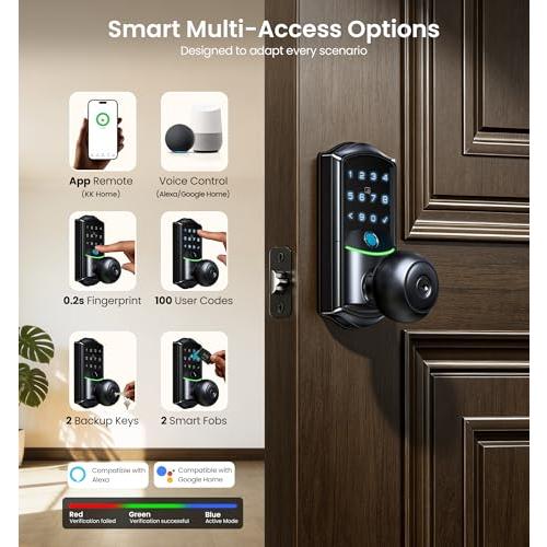 Veise VE028 WiFi Fingerprint Smart Door Lock with Knob Handle, Matte Black
