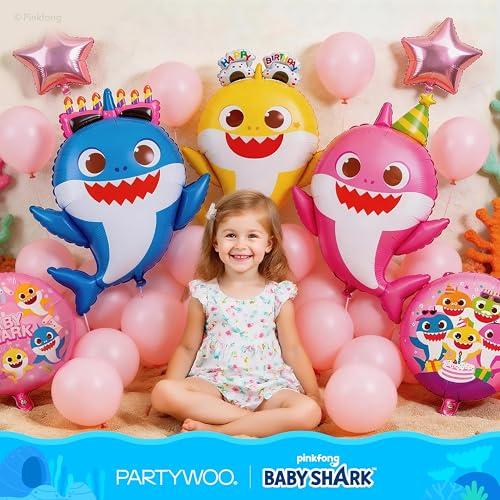 PartyWoo Baby Shark Pink Round Mylar Helium Boys Girls Foil Balloons 5pcs