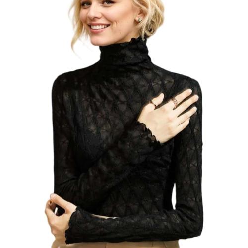 Women's Small Sexy Autumn Slim Fitting Long Sleeved Turtleneck Pullover Bottom Shirt Mesh Lace Perspectives T-Shirt Top.