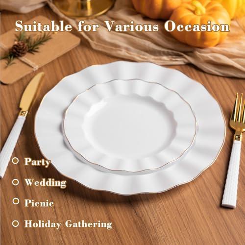 HIGH END 100 Pcs White Wave Plastic Plates with Gold Trim