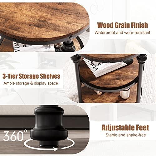 GarveeHome Round End Table with Storage Shelves, 3-Tier Round Farmhouse Side Table w/Mental Support Legs, Rustic End Table Accent Nighstands for Living Room Bedroom (A, Rustic Brown)