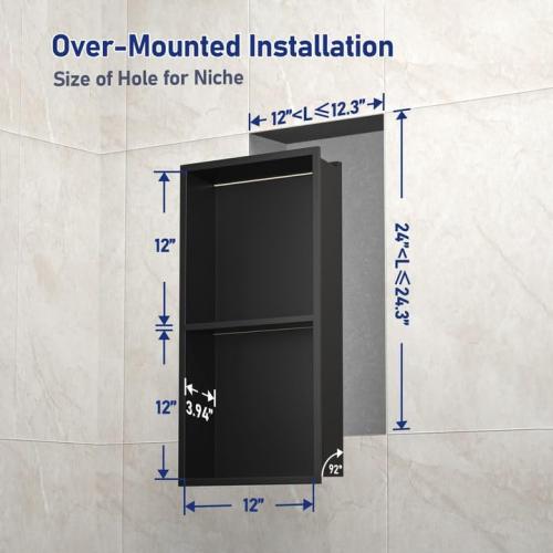 Stainless Steel Led Shower Niche Black 24 X 12 No Tile Needed | Recessed niche matte black w/ 2-tier shelf,Led driver UL listed,vertical niche,non-dimmable,3000K warm light IP66 waterproof