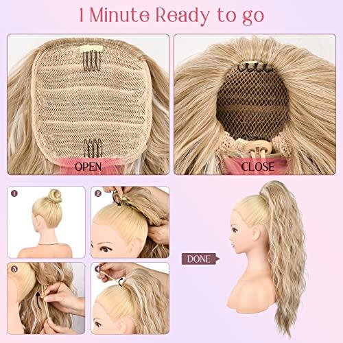 HOOJIH Ponytail Extension, Drawstring Ponytail Hair Extensions 26 Inch Long Curly Wavy Ponytail Natural Wavy Synthetic Hairpiece for Women Daily Use - Light Golden Blonde with White Blonde