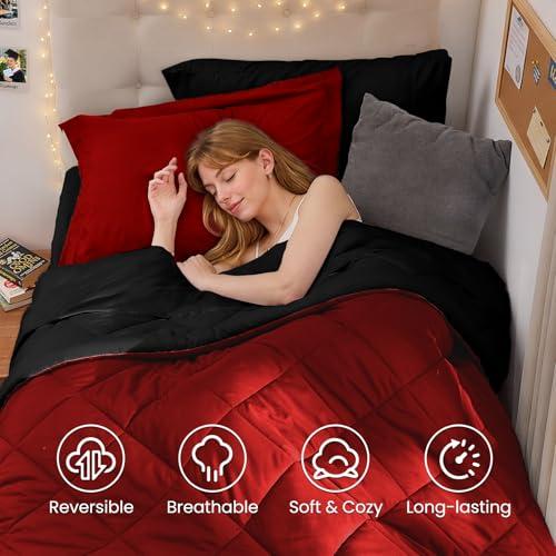 MUXHOMO 5 Pieces Twin XL Comforter Set, Reversible Bed in a Bag Twin XL Size, All Season Bedding Set with Comforter, Flat Sheet, Fitted Sheet, Pillowcases & Shams, Red & Black