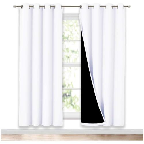 NICETOWN 100% Blackout Window Curtain Panels, Full Light Blocking Drapes with Black Liner for Nursery, 72 inch Drop Thermal Insulated Draperies (White, 2 Pieces, 52-inch Wide Per Panel)