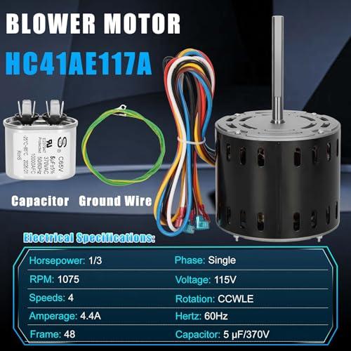 HC41AE117 Furnace Blower Motor 1/3HP 1075RPM 115V 4 Speed with 5μF Capacitor Fits for Carrier Bryant Payne GE Blower Fan Motor 45117 5KCP39GGS336S HC41AE117A HC41AE115 HC41SE122