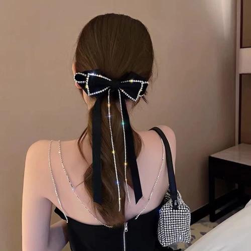2 PACK Hair Bows Sparkly Rhinestone Tassel Hair Clips Barrettes Bowknot with Long Brocade Tassel Ribbon Claw Hair Accessories for Women and Girls (Black and White)