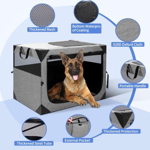 Dog Crate,36x25x25 Inch Large Dog Crate for Large or Medium Dogs, Portable and Foldable Design of Dog Cage, Perfect for Travel or Home Use, Dog Kennel with 2-Door and Durable Mesh Windows, Light Grey