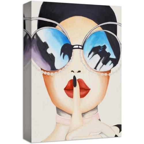 NWT Canvas Wall Art Fashion Woman Wears Unique Glass Red Lips Painting Artwork for Home Decor Framed - 32x48 inches