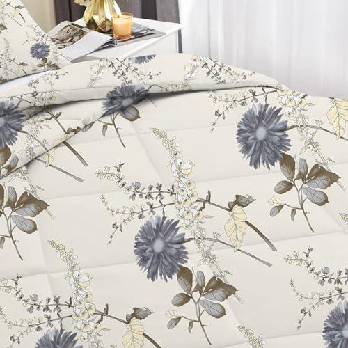 Beige Plant Comforter Full Size, Lightweight Gray Blue Floral Comforters Queen Size for All Season, Soft Microfiber Bedding Set 3 Pieces - 1 Reversible Comforter Duvet Insert   2 Pillowcases