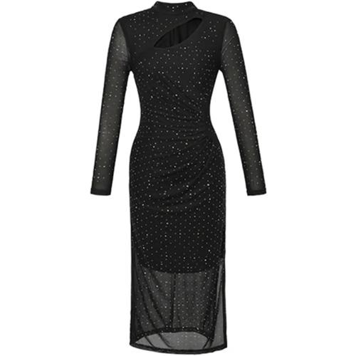 Women Mesh Long Evening Clothes Sparkly Hollow Sexy Sheer Midi Party Dress