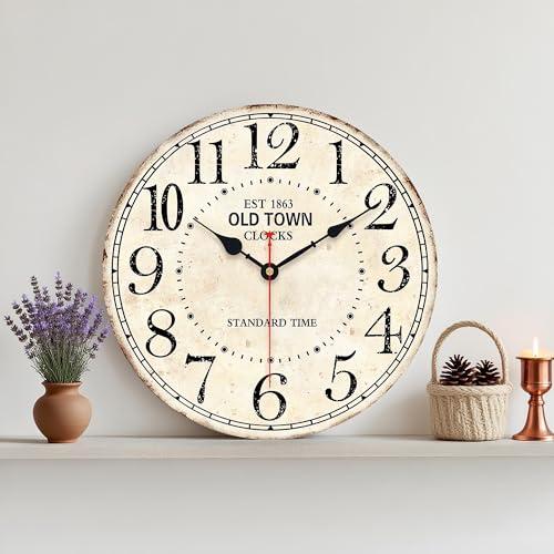 14in Antique Vintage Round Wall Clock Silent Old Town Farmhouse Home Decor