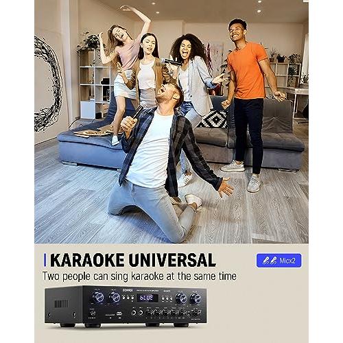 Donner Bluetooth 5.0 Stereo Audio Amplifier Receiver, 4 Channel 440W Peak Power Home Theater Stereo Receiver with USB, SD, FM, 2 Mic in Echo, RCA, LED, Speaker Selector for Studio, Home - MAMP5