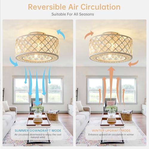 18 Inch Caged Ceiling Fans with Lights, Low Profile Ceiling Fan and Remote/APP Control Fandelier Crystal Fan Light for Bedroom Living Room Dining Room Kitchen Indoor, Including Bulb (Rustic White)