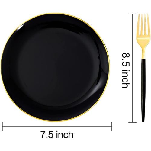 I00000 144Pcs Black and Gold Dessert Plate Set, Including 72Pcs Black and Gold Plastic Plates 7.5 and 72Pcs Disposable forks 8.5, Fancy Salad Plates with Gold Rim for Thanksgiving and Party