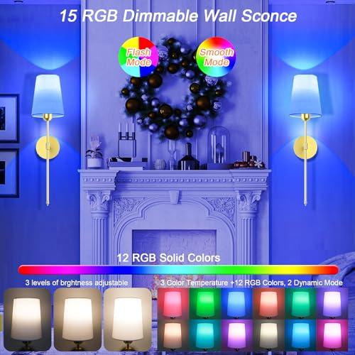 Gold 2 Pack Battery Operated Wall Sconce Set of 2 - Rechargeable Wireless Wall Lights with Remote, 6000mAh Dimmable Bulbs with 15 Colors, Wall Decor for Living Room, Bedroom, and Hallway (Gold)