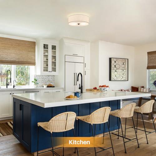 Flush Mount Ceiling Light Fixture, 13 Close to Ceiling Light with Beige Fabric Linen Drum Shade, 2-Light Modern Round Ceiling Light for Bedroom Hallway Dining Kitchen