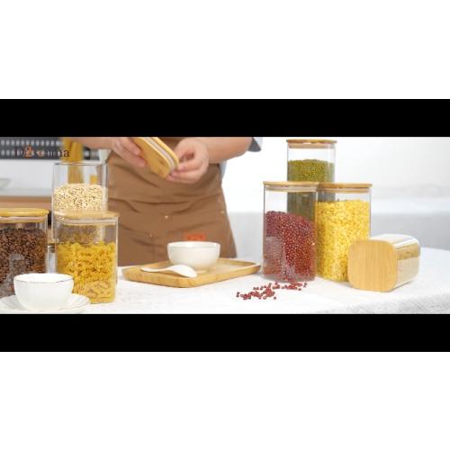 Airtight Glass Square Storage Canister with Bamboo Lid Set of 2 Glass Jars for Sugar, Flour, Cookies and Coffee beans