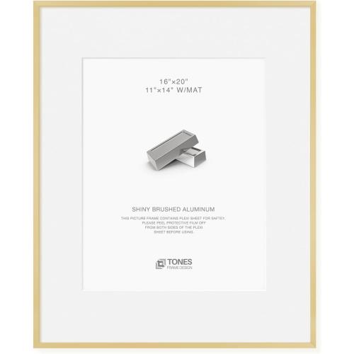 16x20 Frames Shiny Brushed Aluminum, 16 x 20 Picture Frame Gold Metal Photo Frame Mat to 11x14 Poster Frames for Art Gallery Wall Tabletop Decor