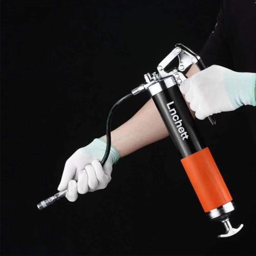 Lnchett Grease Gun with Quick Release Coupler, 9000 PSI Professional Heavy Duty 14 oz Pistol Grip Grease Gun with 18 Inch Spring Flex Hose, 1 Extension Rigid Pipe and1 Sharp Nozzle Included