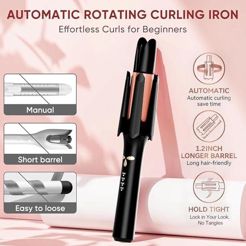 Auto Rotating Hair Curler - 4 Temperature and Timer Settings, Automatic Curling Iron with Automatic Shut-Off, Anti-Tangle and Scalding, Curling Wand for Long Lasting Curls (Black)