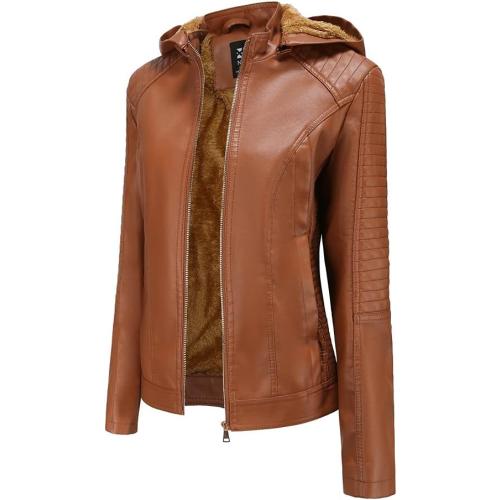 Size/m Faux Leather Jacket Women Biker Moto Coat With Removable Hood Plus Size Fall Clothes