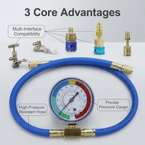 R1234YF Refrigerant Recharge Kit with Gauge – 1234YF Refrigerant & R134A AC Recharge Kits, with R-1234YF r134a Recharge Kit Self-Piercing Can Tap, Low-Side Quick Coupler, R410A Adapter for Auto AC