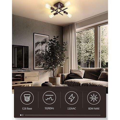 Pack of 2 Industrial 4-Light Semi Flush Mount Ceiling Light Fixture, Modern Oil Rubbed Bronze Chandelier Lighting, Farmhouse Sputnik Ceiling Lamp with E26 Bulb Base for Living Room Hallway, 2 Pack