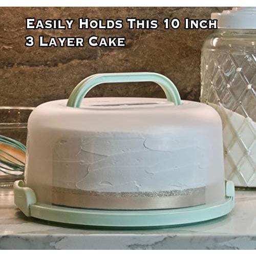Round Cake Carrier Two Sided Cake Holder Serves as Five Section Serving Tray, Portable Fits 10 inch Cake, Box Comes With Handle, Container Holds Pies (Green)